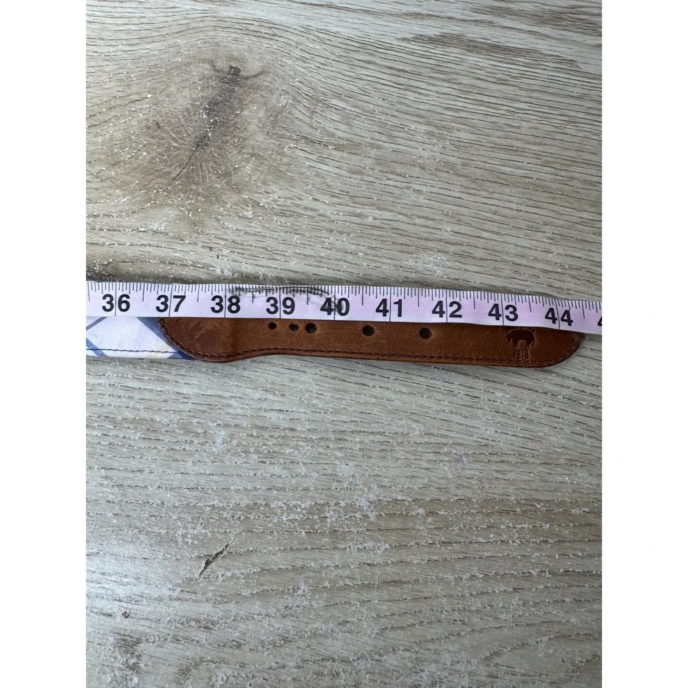 Brooks Brothers Mens Plaid Cotton and Leather Belt Brown Blue Pink Size Large